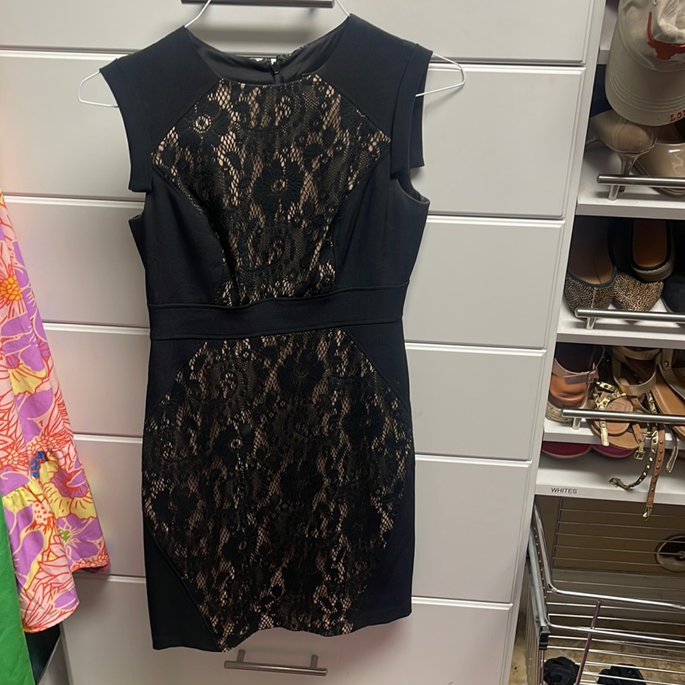 Beautiful dress, black lace with nude underlay.